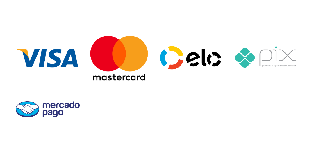Formas de pagamento: Visa, Mastercard, Elo, Pix e Mercado Pago